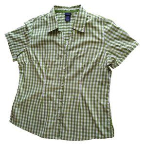 Basic Editions Women’s Green-White Plaid Button Front Short Sleeve Shirt Top- M